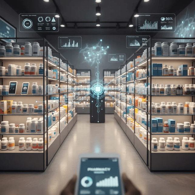 Pharmacy aisle with verified commerce data overlay