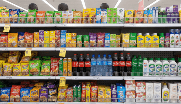Supermarket FMCG shelves with pack size and price verification