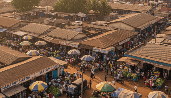 Aerial view of open market and trader activity